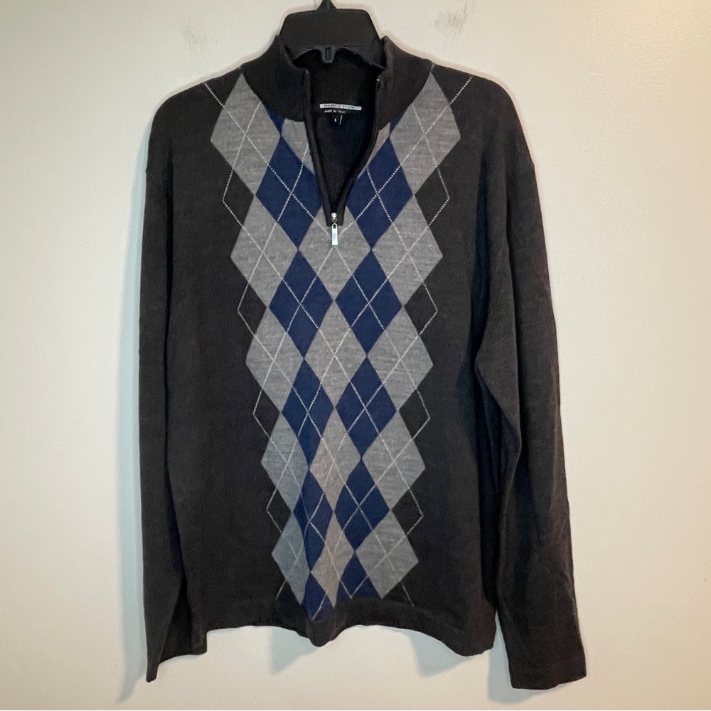 Marco Fiori Classic Argyle 1/4 Zip Wool Sweater in Grey and Blue Made in Italy